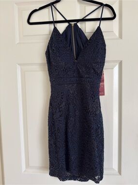 Emerald Sundae Navy Lace Spaghetti Strap Mini Dress